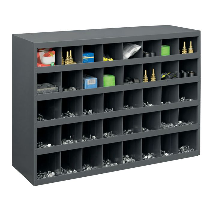 Open front small parts storage unit with compartments